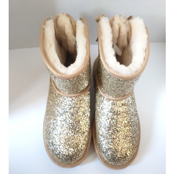 New! UGG Classic Bow Cosmos Gold Glitter Shearling Boots Ankle Boots NWOB Size 6 - Picture 7 of 14